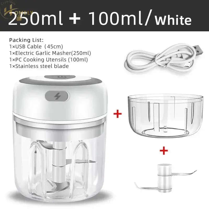 100ML/250ML Electric Meat Mincer Garlic Chopper Rotate Garlic Press Crusher Vegetable Onion Cutter - 105-2Cups-White