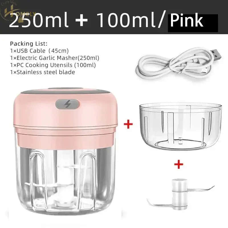 100ML/250ML Electric Meat Mincer Garlic Chopper Rotate Garlic Press Crusher Vegetable Onion Cutter - 105-2Cups-Pink