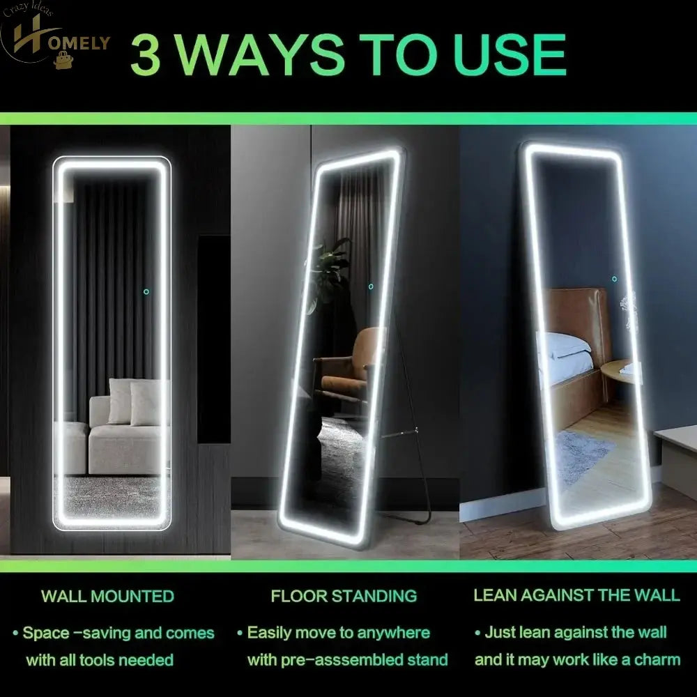 Home Decor Free Standing 63”x20“ Full Length Floor Mirror Dimming Lights Full-Size Body Mirror Lighted Mirror