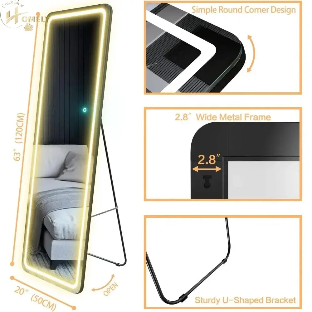Home Decor Free Standing 63”x20“ Full Length Floor Mirror Dimming Lights Full-Size Body Mirror Lighted Mirror