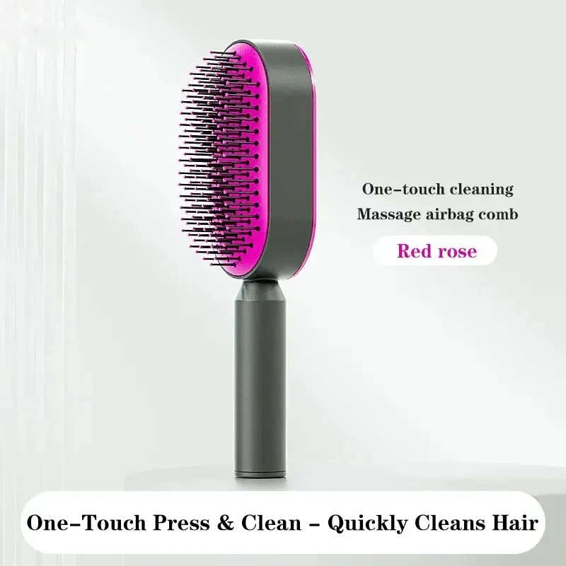 Self-Cleaning Hairbrush | Easy Detangling Brush showcasing its one-touch cleaning feature for quick hair maintenance.