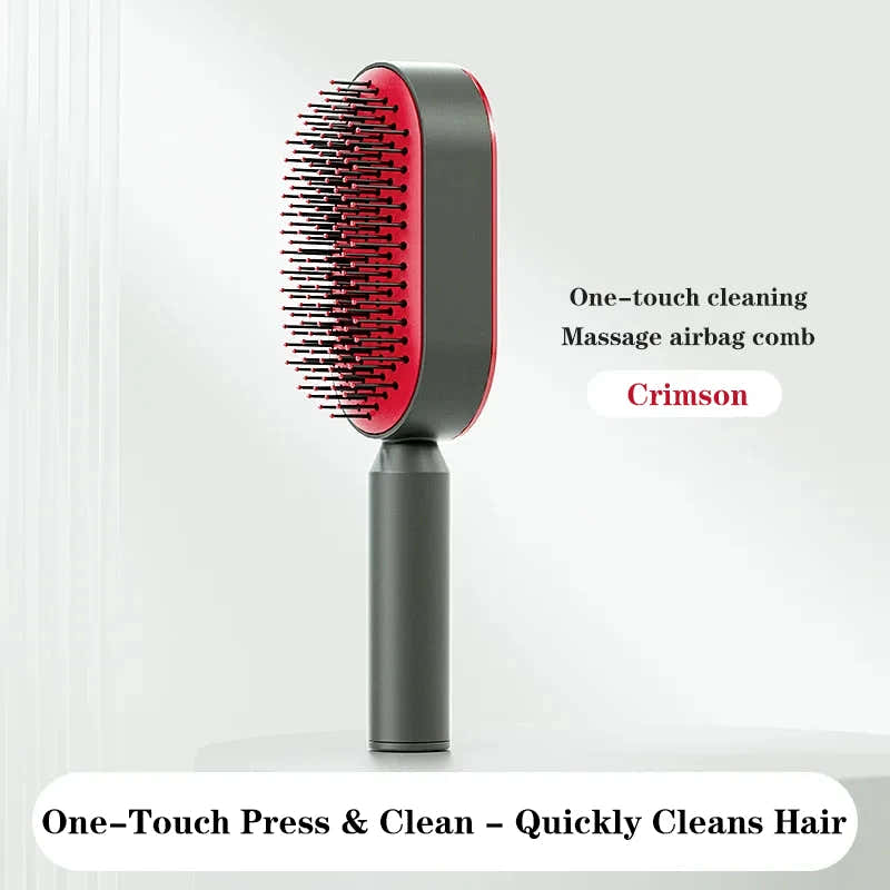 Self-Cleaning Hairbrush in crimson color, featuring one-touch cleaning and a massage airbag comb design.
