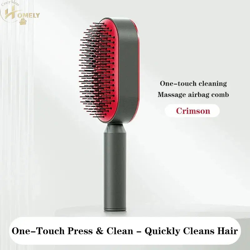 Self-Cleaning Hairbrush in crimson color, featuring one-touch cleaning and a massage airbag comb design.