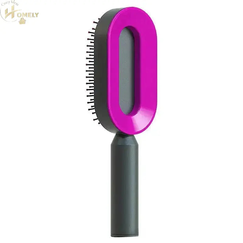 Self-Cleaning Hairbrush in vibrant pink and black, designed for easy detangling and hassle-free cleaning.