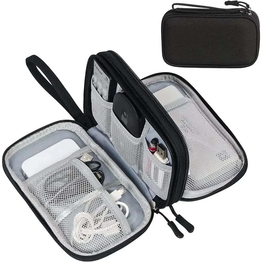 Travel Organizer with multiple compartments for storing electronics accessories and cables.