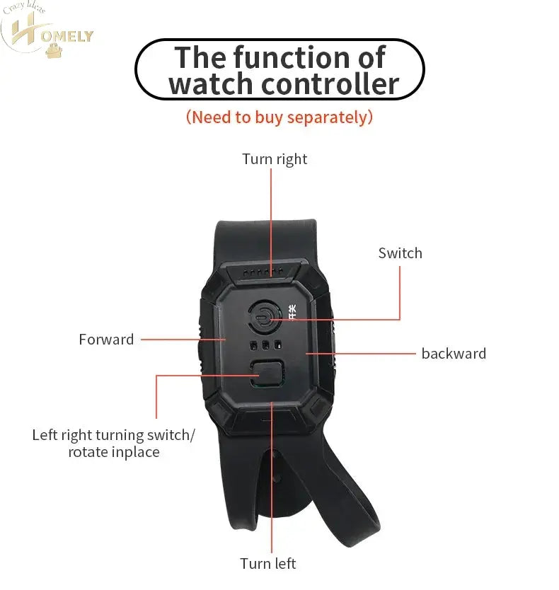Watch controller functions for Vehicle Stunt Car remote control, including turn directions and switch options.
