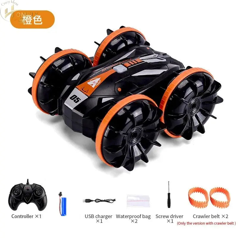 Vehicle Stunt Car with four large wheels, waterproof body and remote control included for 360° flips and all-terrain adventures.