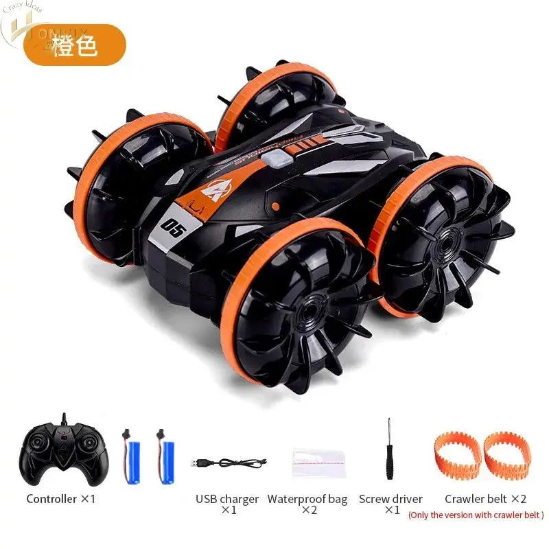 Vehicle Stunt Car with oversized wheels and remote control, waterproof design for all-terrain fun.
