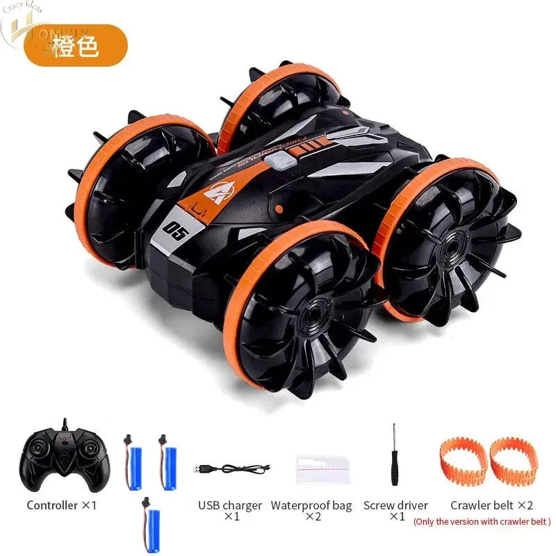 Vehicle Stunt Car with 360° flip and remote control, featuring waterproof design and all-terrain wheels.