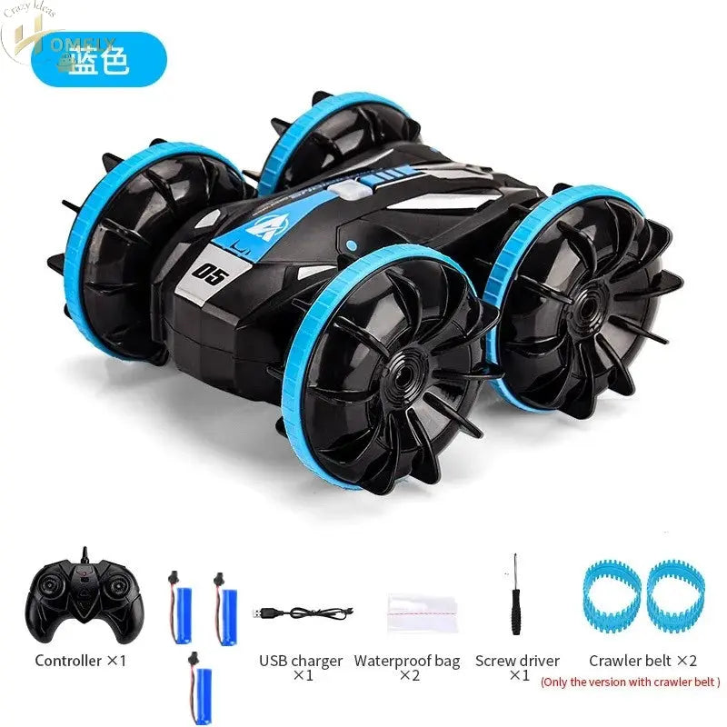 Vehicle Stunt Car with oversized wheels and remote control, waterproof design for all-terrain fun.