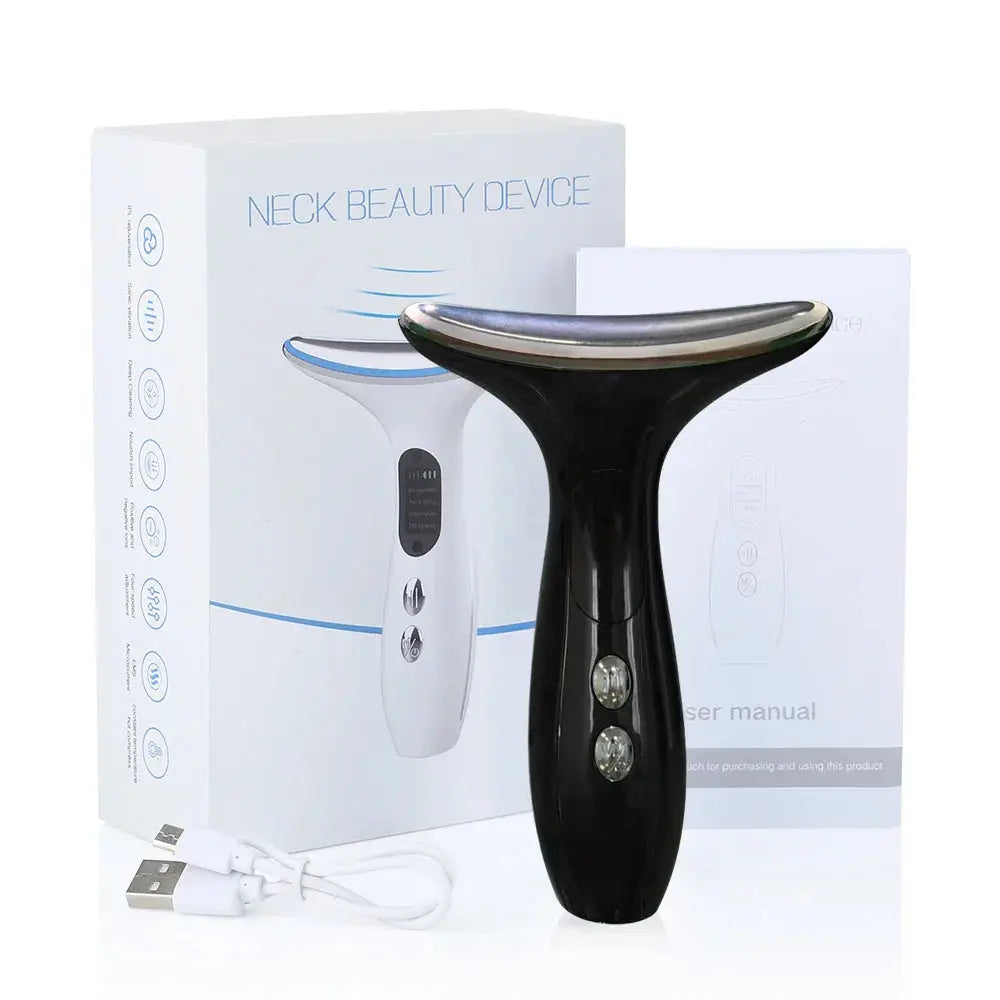 Black neck beauty device with packaging on a white background