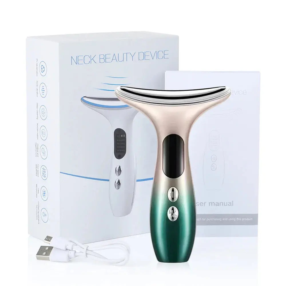 Neck beauty device with packaging and USB cable on a white background