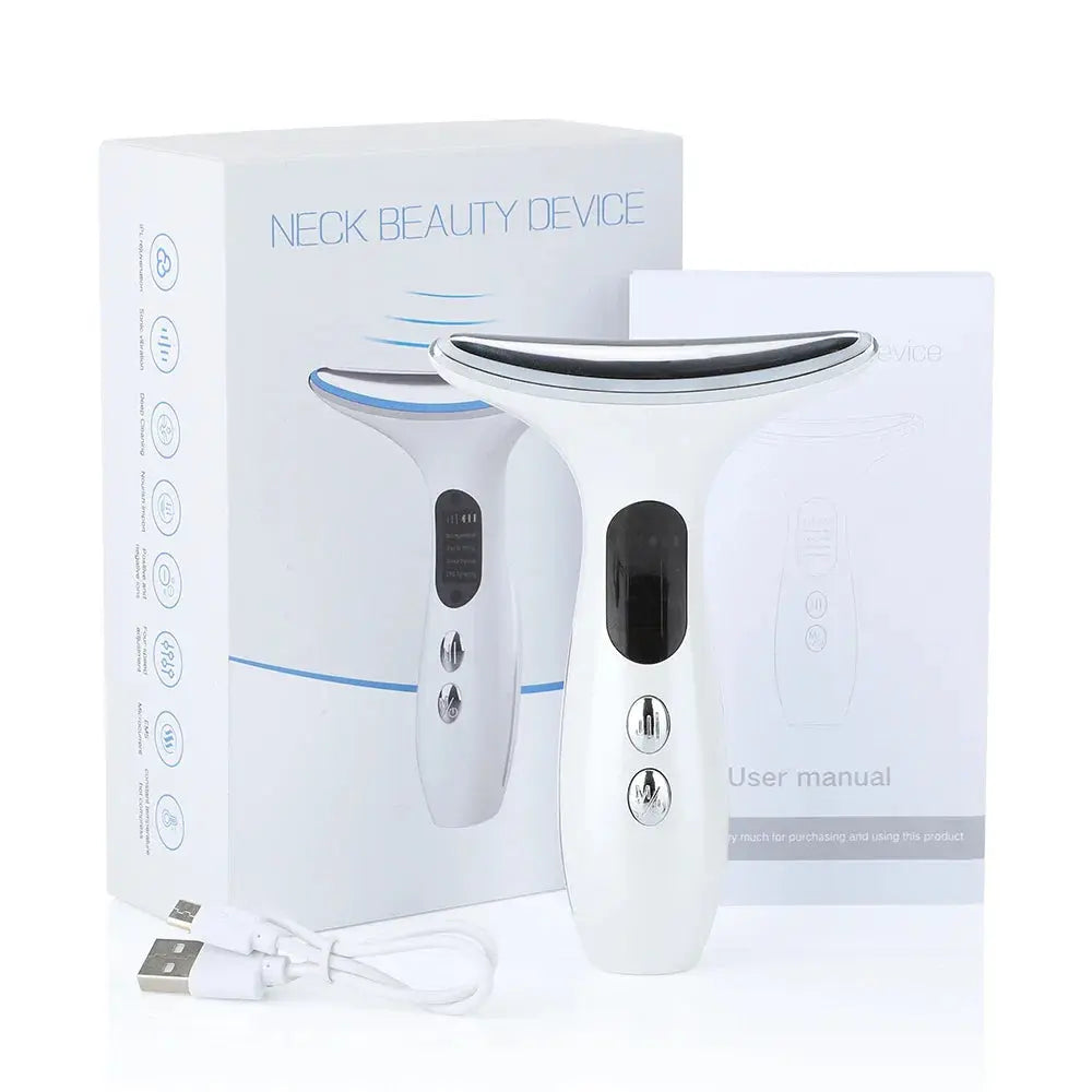 Neck beauty device with packaging, USB cable, and user manual on a white background