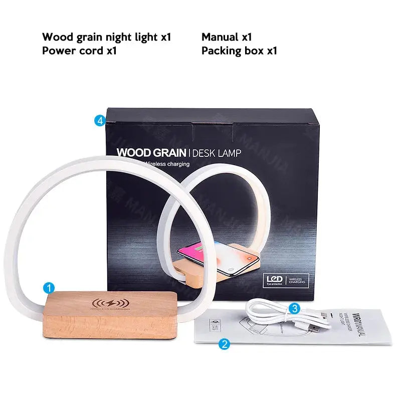 LED Bedside Lamp with Wireless Charger - wood / CHINA