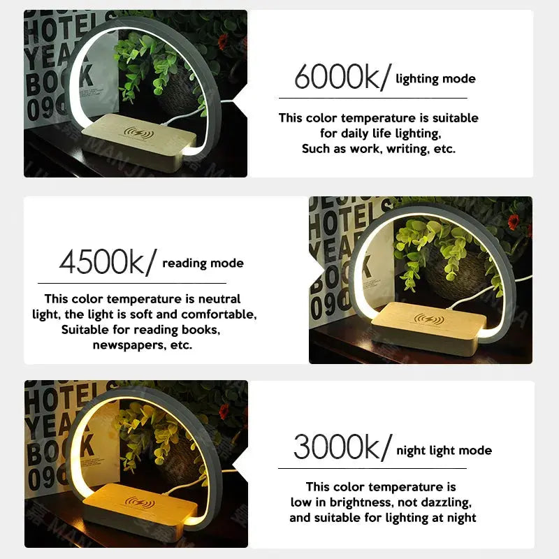 LED Bedside Lamp with Wireless Charger - wood / CHINA