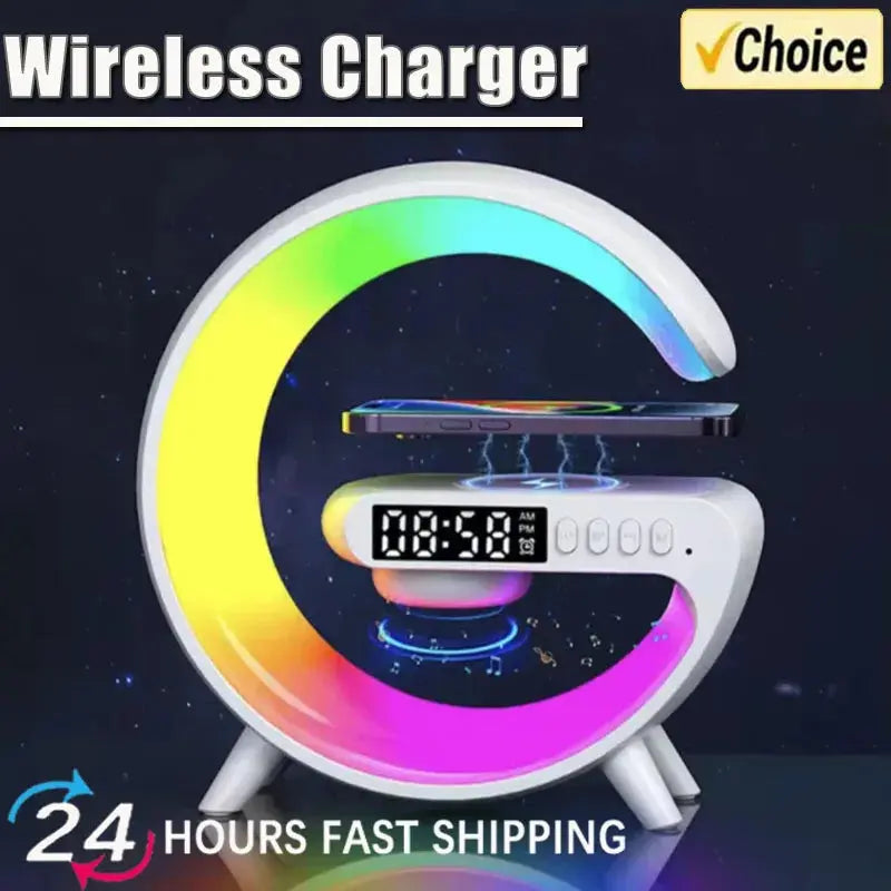 Multifunction Wireless Charger Pad Stand Speaker TF RGB Night Light Fast Charging - White