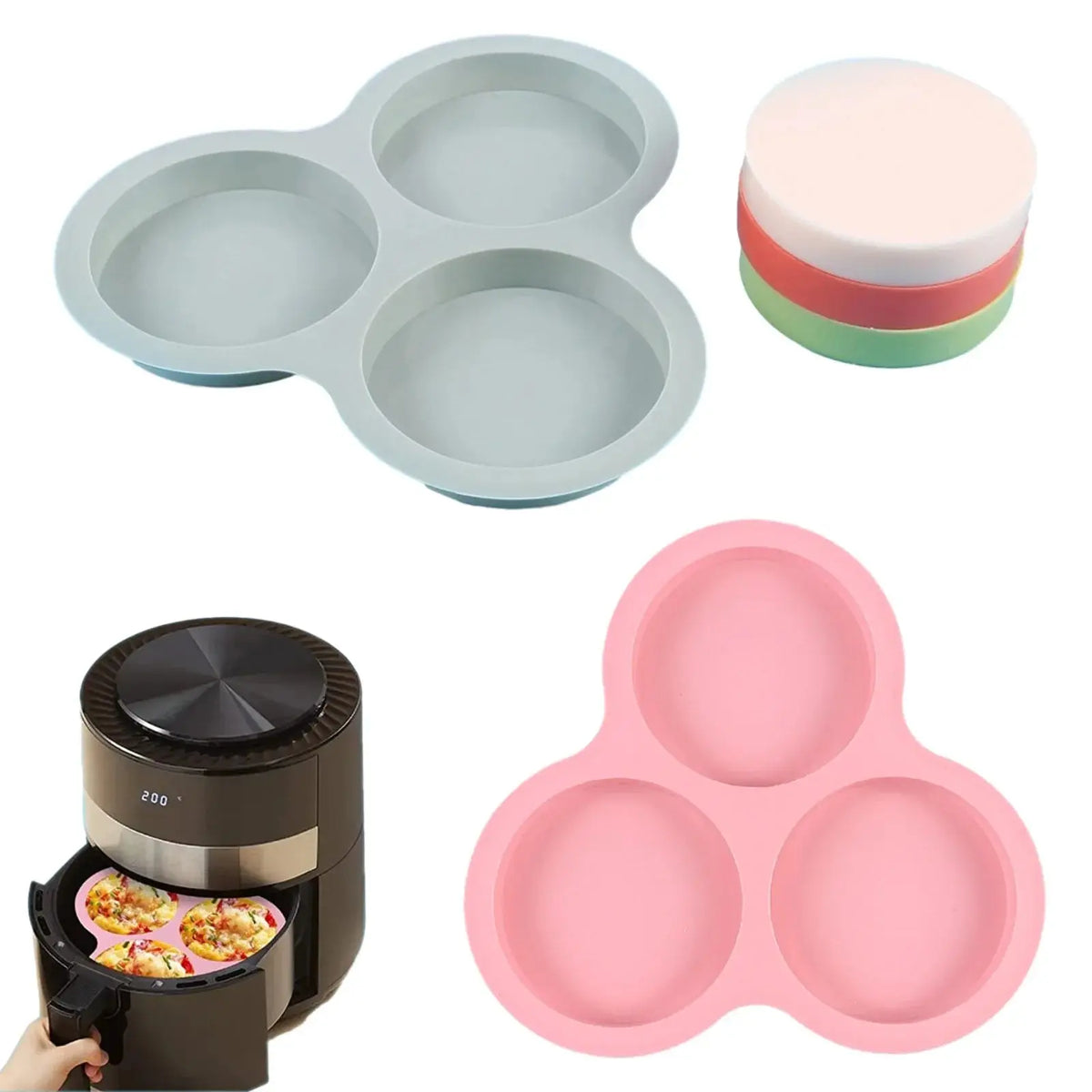 Reusable Air Fryer Egg Mold Non-Stick Air Fryer Baking Pan 3 Cavity Silicone Muffin Pans for Baking Hamburger Bun Pan
