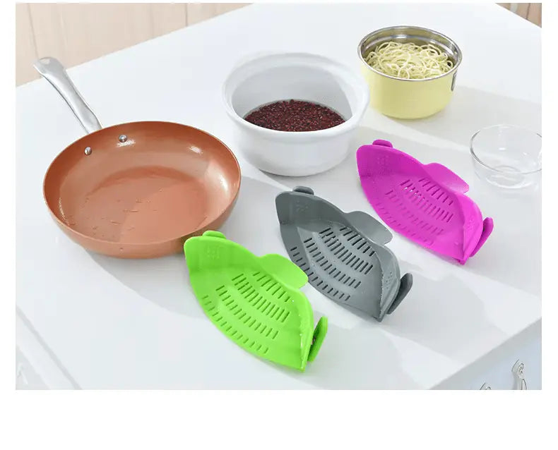 Silicone Kitchen Strainer Clip Pan Drain Rack Bowl Funnel Rice Pasta Vegetable Washing Colander Draining Excess Liquid