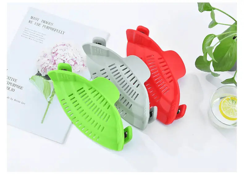 Silicone Kitchen Strainer Clip Pan Drain Rack Bowl Funnel Rice Pasta Vegetable Washing Colander Draining Excess Liquid