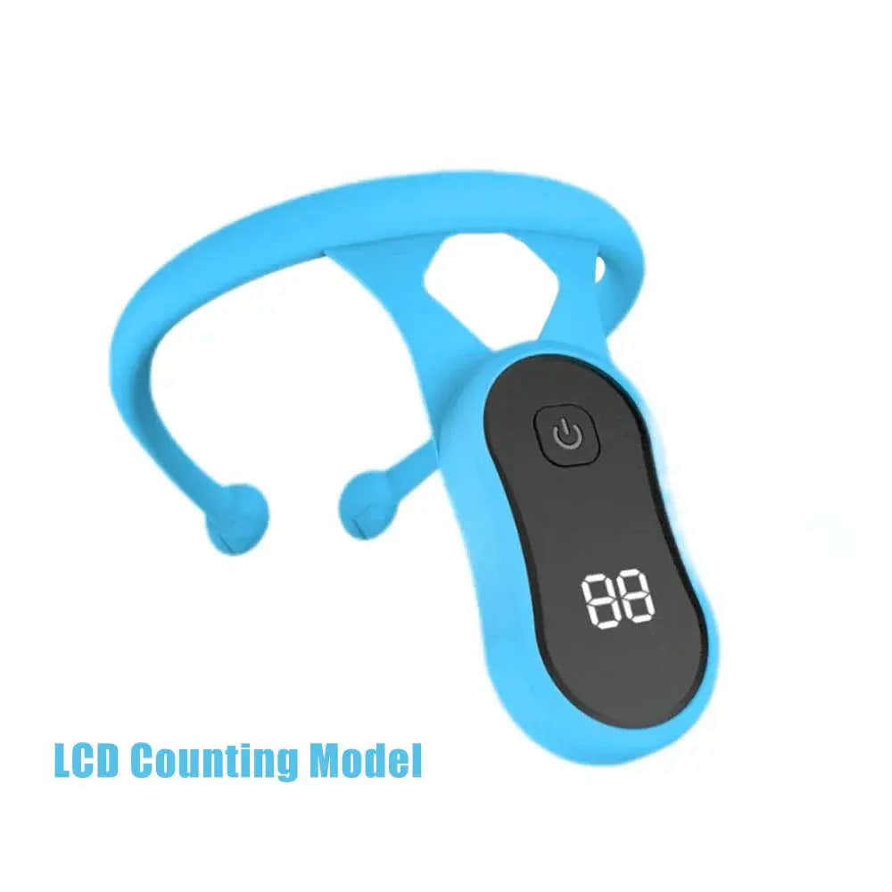 Blue electronic device with digital display on a white background