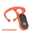 Orange electronic device with digital display on a white background