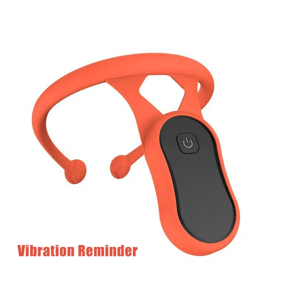 Orange vibration reminder device with a black button on a white background