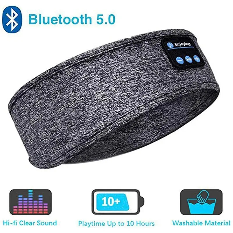 Gray Bluetooth headband with control panel on a white background