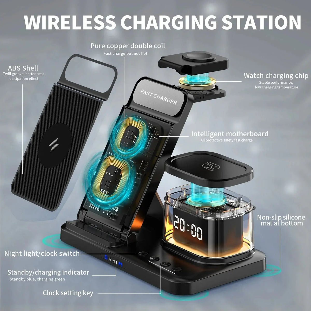 Foldable Wireless Charger Stand with Alarm Clock – view 3