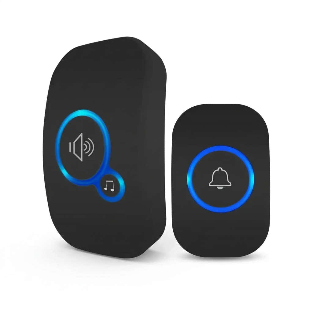 Black doorbell receiver and button with blue indicator lights on a white background