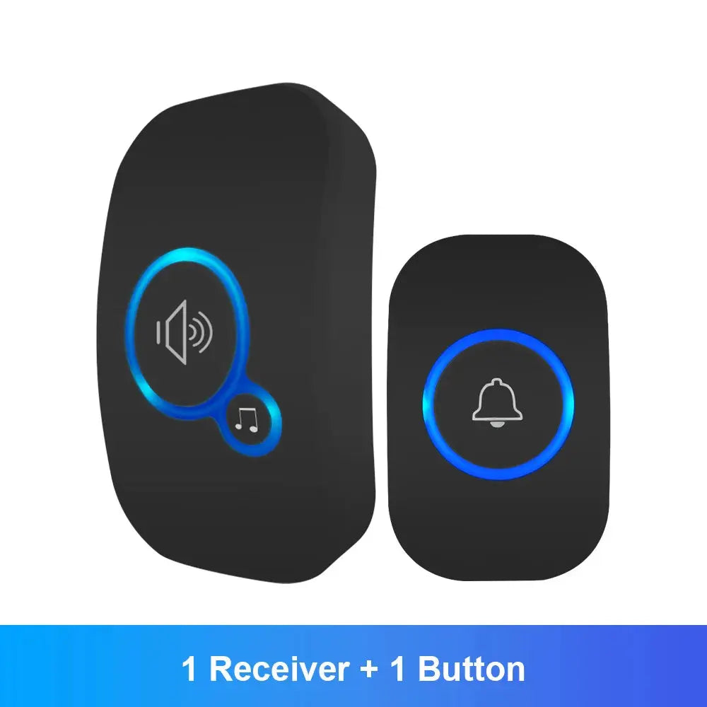 Black doorbell receiver and button with blue indicator lights on a white background