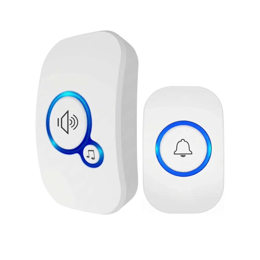 White doorbell receiver and button set with blue indicator lights