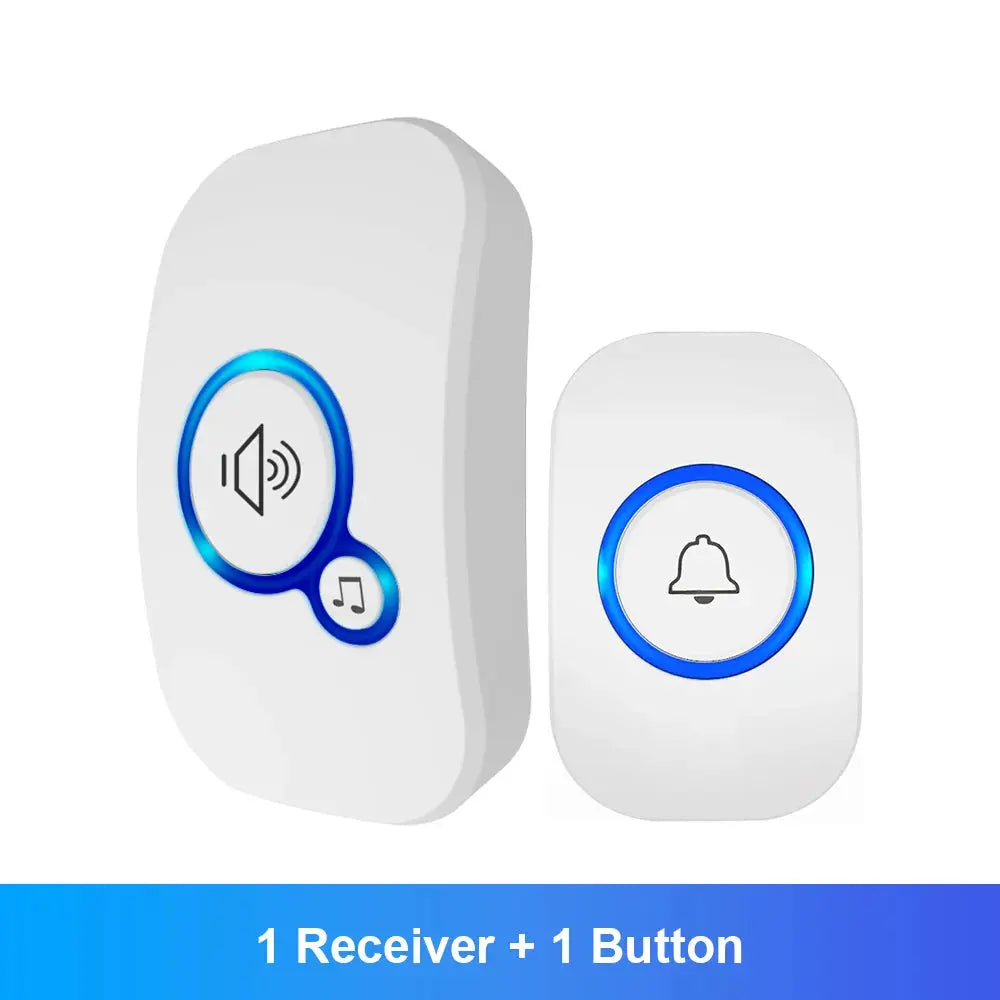 White doorbell receiver and button set with blue indicator lights