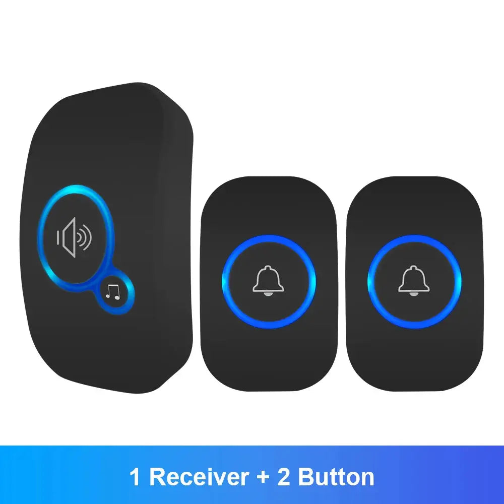 Set of doorbell components including a receiver and two buttons on a white background.
