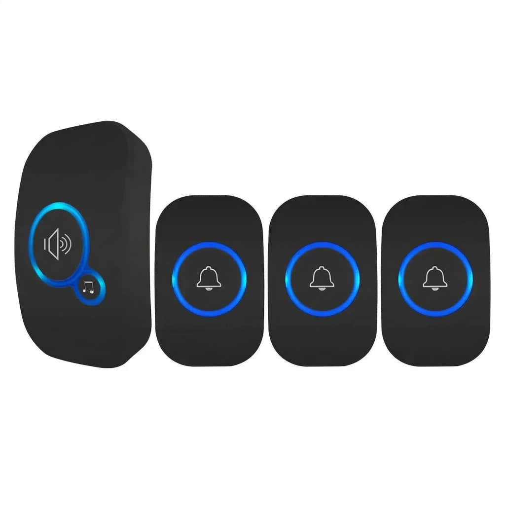 Set of electronic buttons with receiver and three additional buttons on a white background