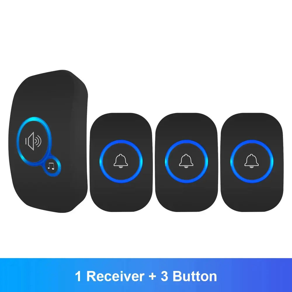 Set of electronic buttons with receiver and three additional buttons on a white background
