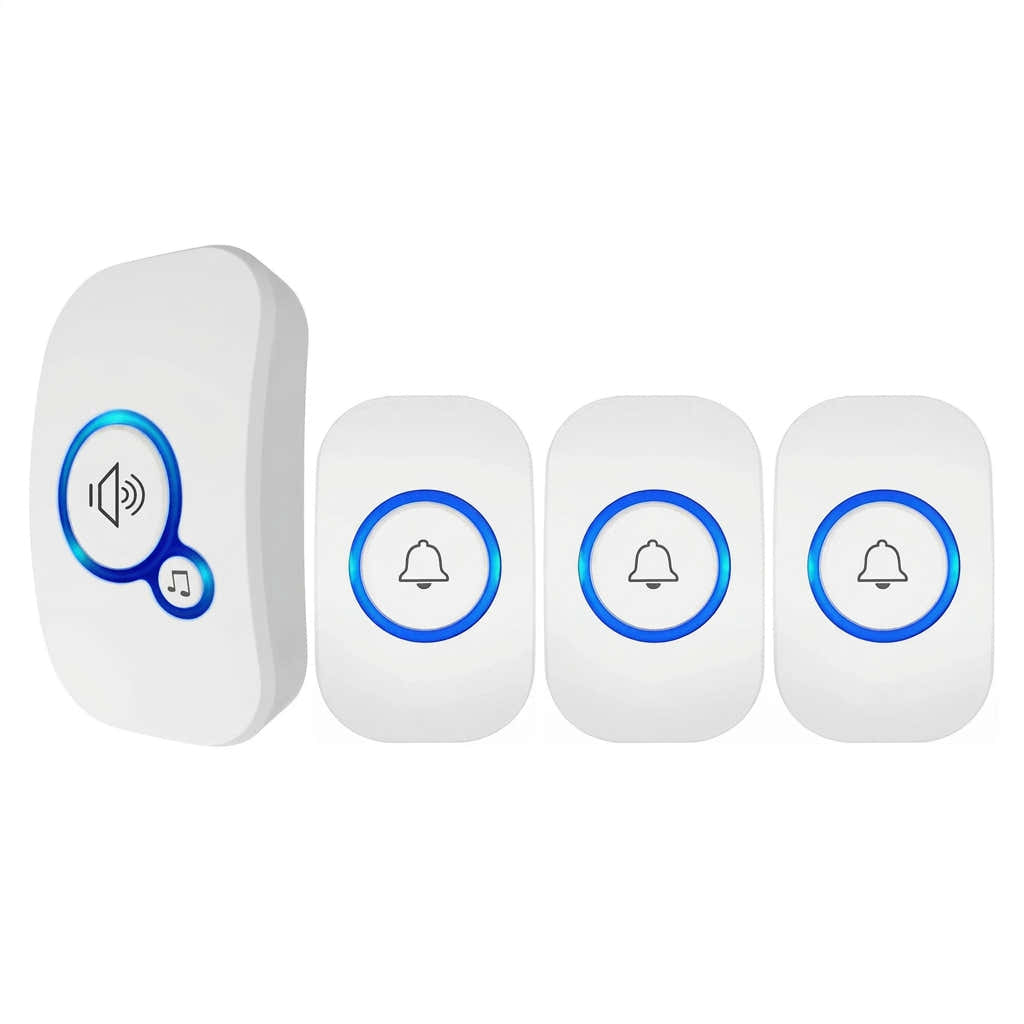 Set of doorbell components including a receiver and three buttons on a white background