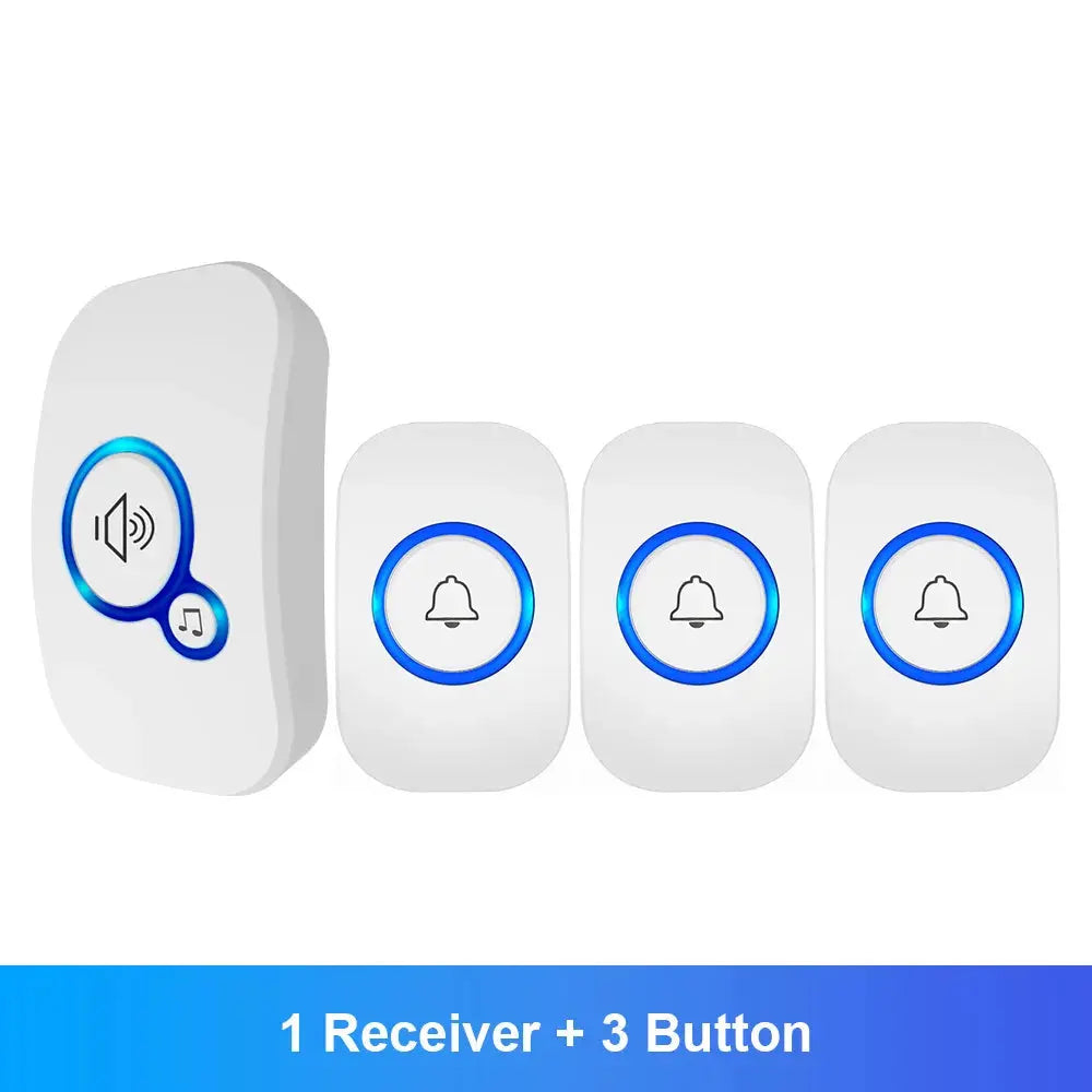 Set of doorbell components including a receiver and three buttons on a white background