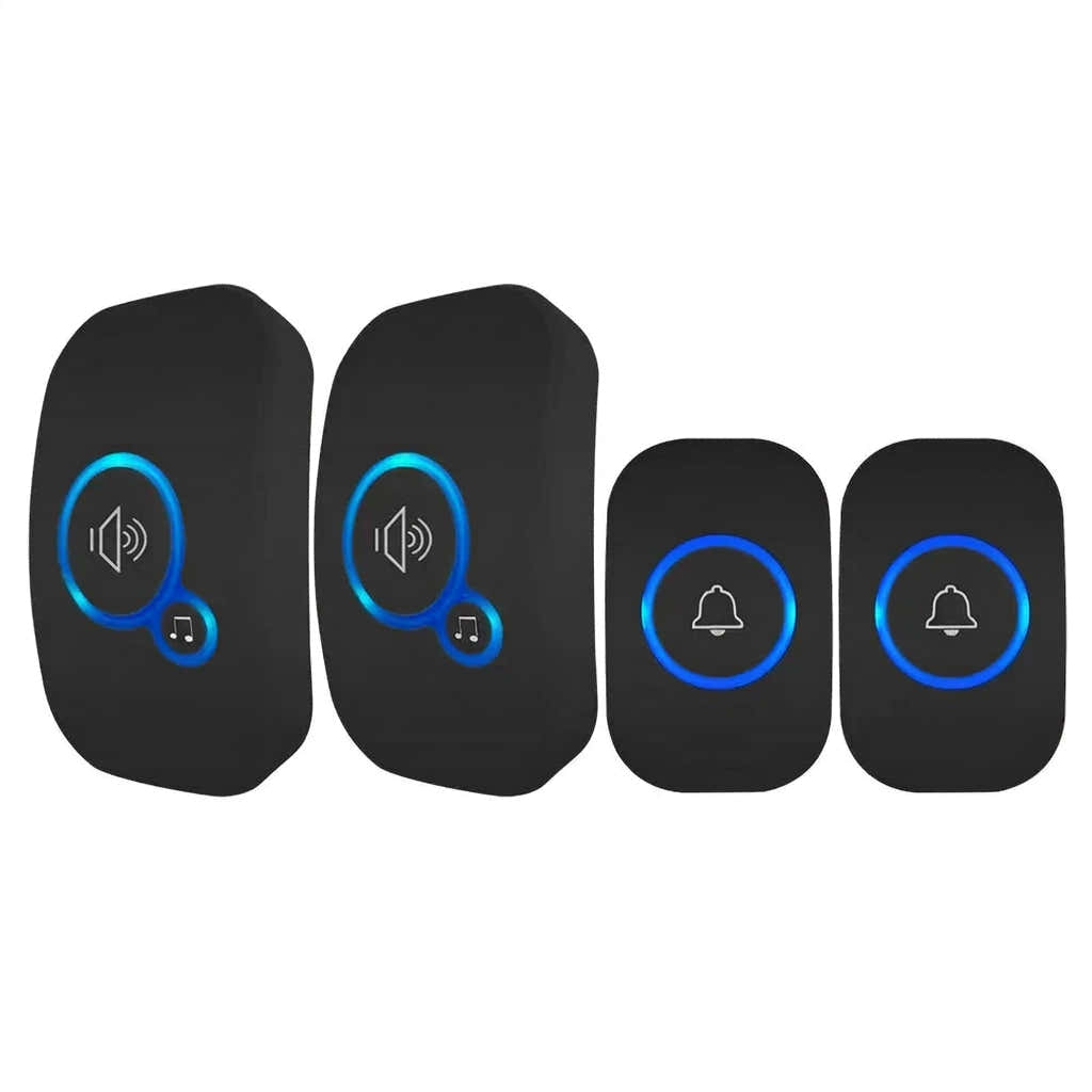Set of four black electronic components with blue indicator lights on a white background
