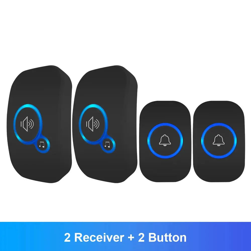 Set of four black electronic components with blue indicator lights on a white background