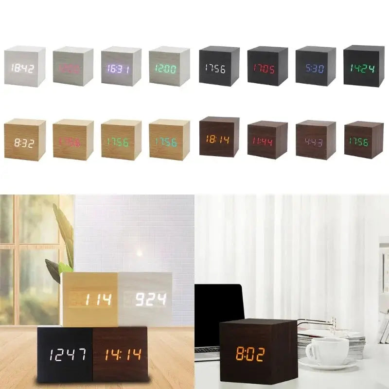 Wooden Cube Digital Alarm Clock – LED – view 2