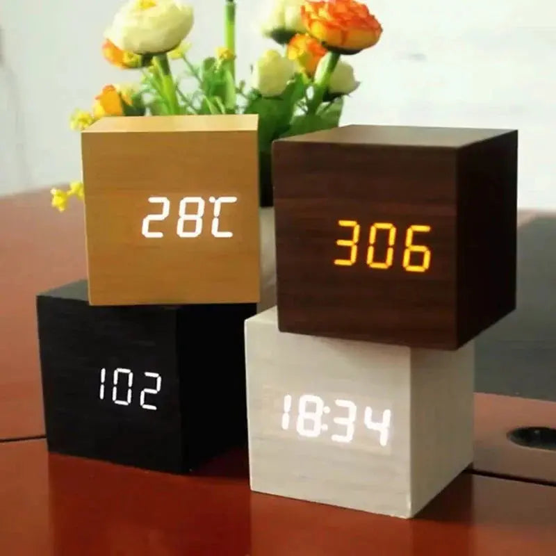 Wooden Cube Digital Alarm Clock – LED