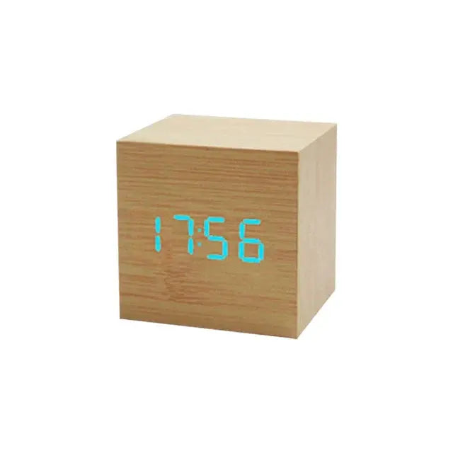 Wood Cube Voice Control Alarm Clock Decorative Clock Party Decoration for Bedroom Holiday Party Decoration Supplies