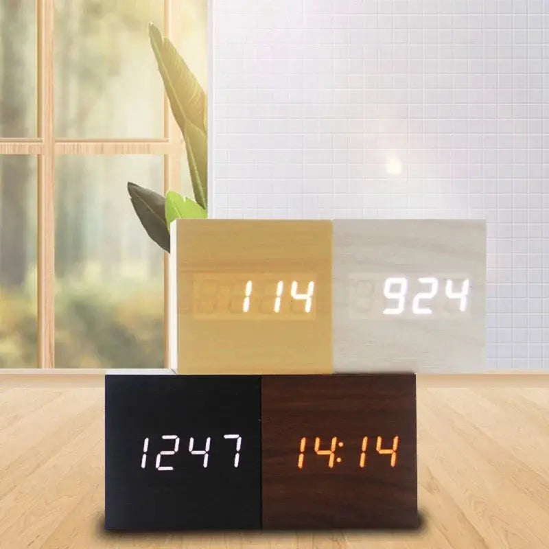 Wood Cube Voice Control Alarm Clock Decorative Clock Party Decoration for Bedroom Holiday Party Decoration Supplies